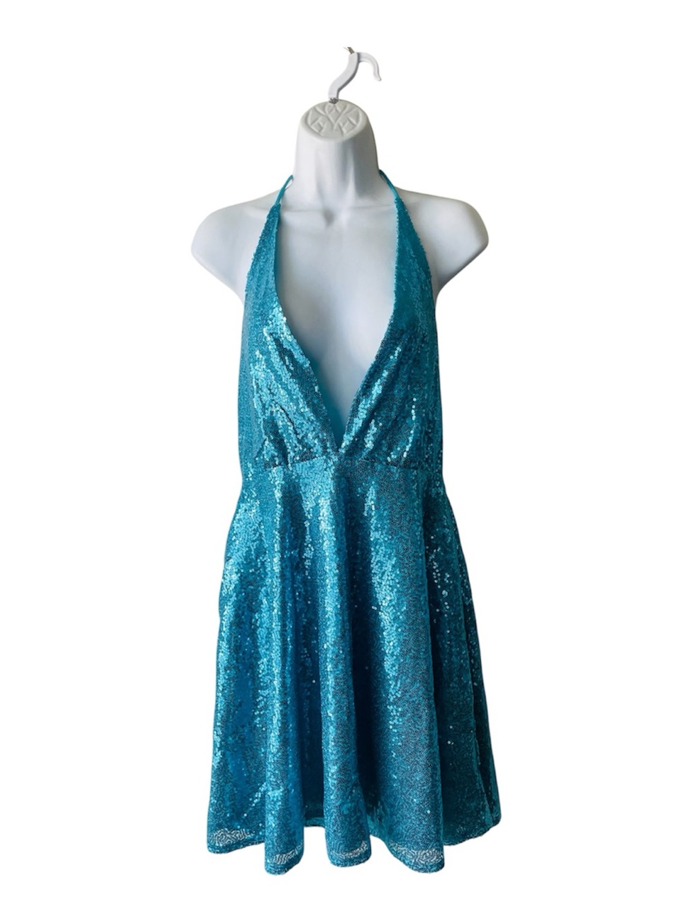 Sparkling Teal Sequin Halter Mini Dress